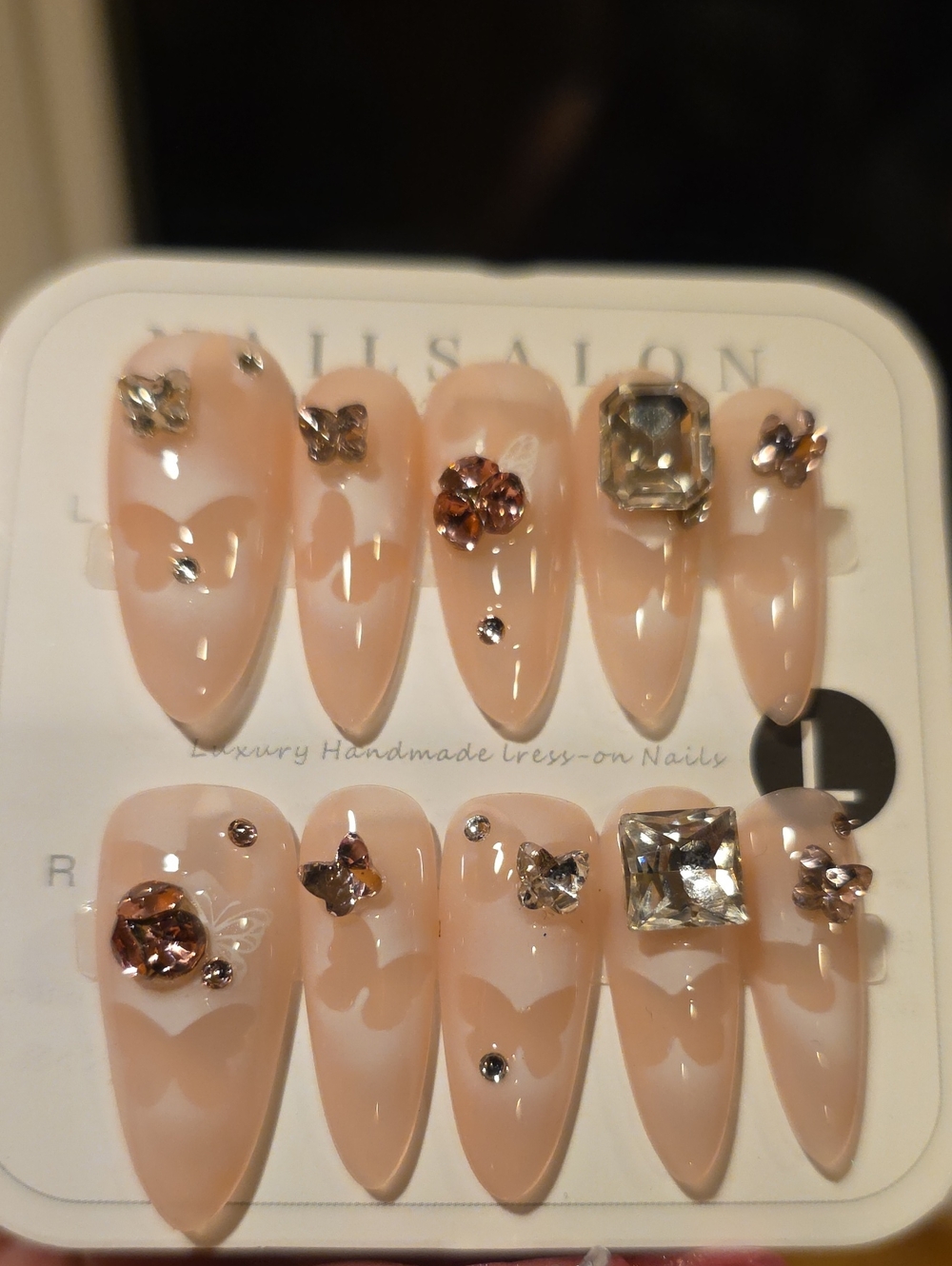 Handmade Nude Pink Press-On Nails with Crystal Accents Size Large